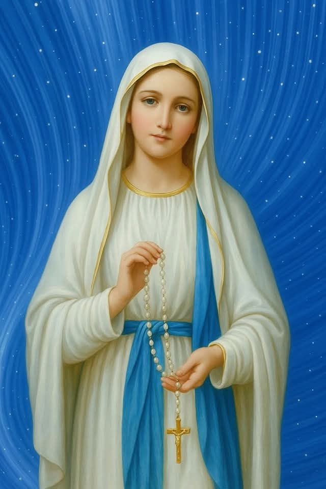 ✝️ Dios te salve, María, 
llena eres de gracia;
el Señor es contigo.
Bendita Tú eres 
entre todas las mujeres,
y bendito es el fruto de tu vientre, Jesús. 

Santa María, Madre de Dios,
ruega por nosotros, pecadores,
ahora y en la hora de nuestra muerte. Amén 🙏