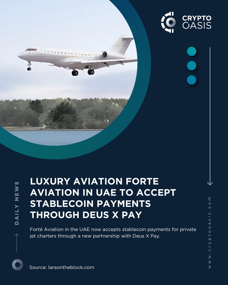 Crypto Oasis (@cryptooasisuae) on Twitter photo Luxury Aviation Forte Aviation in UAE to accept stablecoin payments through Deus X Pay
Read more: tinyurl.com/ycdn2228
Source: <a href="/laraonzeblock/">Lara On The Block</a> Luxury Aviation Forte Aviation in UAE to accept stablecoin payments through Deus X Pay
Read more: tinyurl.com/ycdn2228
Source: <a href="/laraonzeblock/">Lara On The Block</a>
