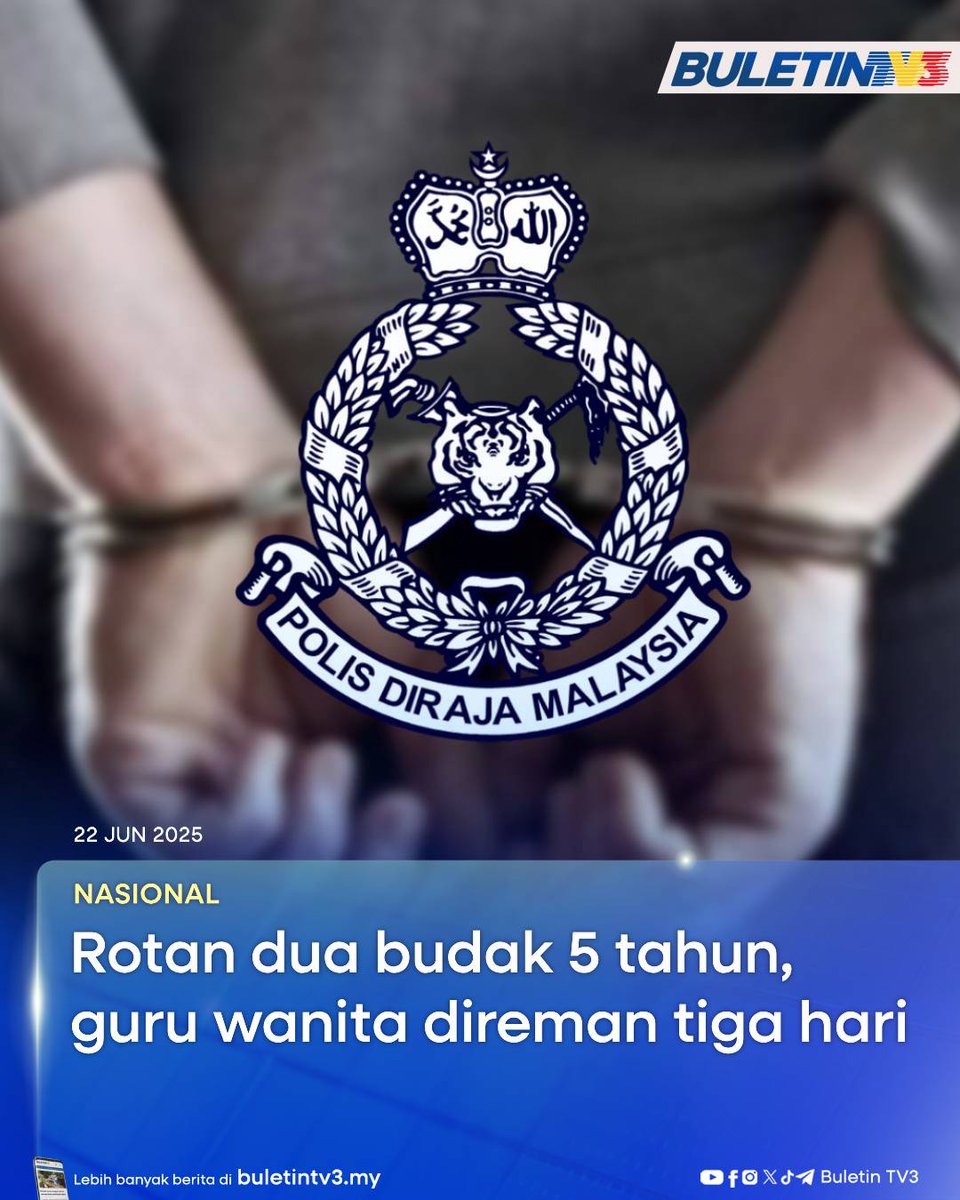 BuletinTV3's tweet image. NASIONAL | Seorang guru wanita yang didakwa merotan dua kanak-kanak perempuan di sebuah pusat asuhan di Sungai Petani Khamis lalu, direman tiga hari untuk membantu siasatan berhubung kejadian itu.

#BuletinTV3 #rotan #guru #SungaiPetani