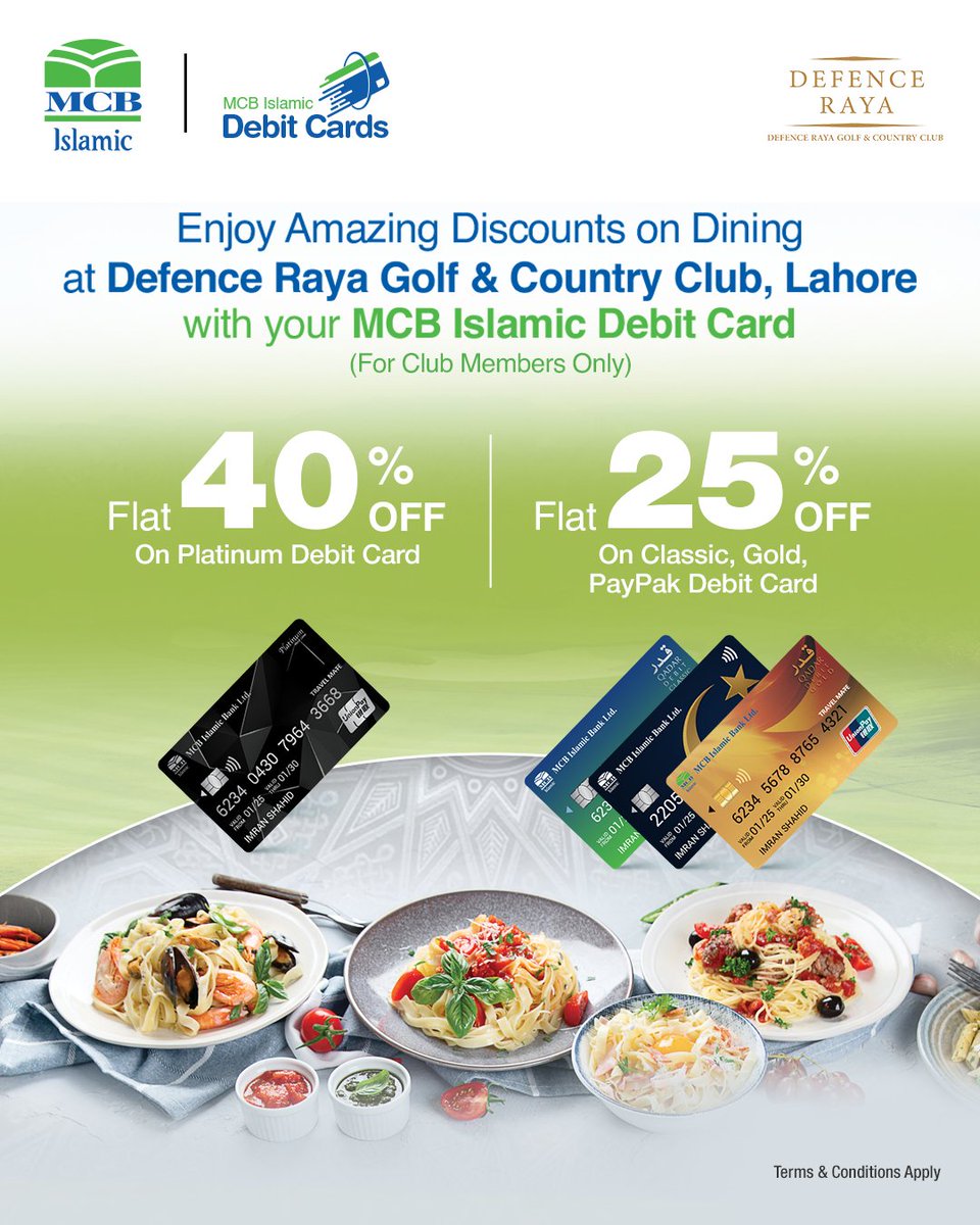 Unlock Exclusive Dining Discounts at Defence Raya Golf &amp; Country Club with your MCB Islamic Bank Debit Card!

This exclusive offer is only available for Defence Raya Golf &amp; Country Club members.

#MCBIslamicBank #ExclusiveDiscounts #BaBarkatBankariHamariZimadari #DHARayaClub
