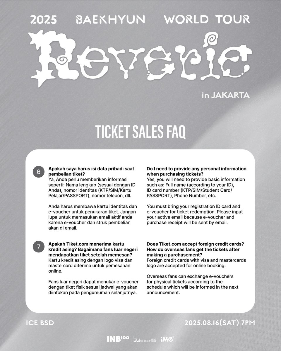 ime_indonesia's tweet photo. Here’s ticket sales FAQs for 2025 BAEKHYUN WORLD TOUR <Reverie> in JAKARTA.

Check carefully if you:
- Want to buy ticket for kids
- Have special needs/wheelchair user
- Pregnant woman (especially 3rd trimester)

Please be careful of all kinds of fraud and make sure you read the Additional Notes as well.

Tickets will be available via https://t.co/X3oh5TIPqK.
▶️ General Onsale: 26 June 2025, 12 PM (WIB)

#BAEKHYUN #백현 #Reverie #ReverieTour #ReverieJAKARTA #iMeIndonesia