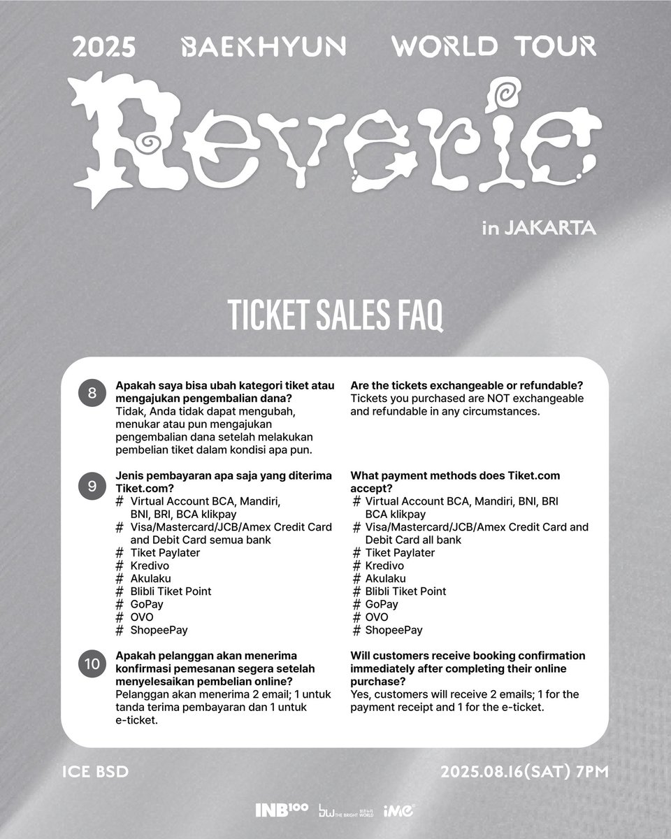 ime_indonesia's tweet photo. Here’s ticket sales FAQs for 2025 BAEKHYUN WORLD TOUR <Reverie> in JAKARTA.

Check carefully if you:
- Want to buy ticket for kids
- Have special needs/wheelchair user
- Pregnant woman (especially 3rd trimester)

Please be careful of all kinds of fraud and make sure you read the Additional Notes as well.

Tickets will be available via https://t.co/X3oh5TIPqK.
▶️ General Onsale: 26 June 2025, 12 PM (WIB)

#BAEKHYUN #백현 #Reverie #ReverieTour #ReverieJAKARTA #iMeIndonesia