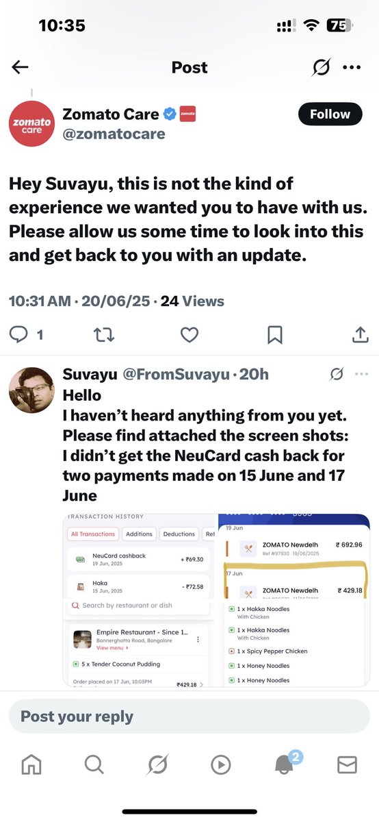 FromSuvayu's tweet photo. @zomato @zomatocare 

Hello Zomato, why haven’t I got the cash back ? You were to get back and it’s more than 2 days, I didn’t hear anything from you. Neither you have any customer care number where I can call &amp; talk. 
#zomatocheatingcustomer
#zomatosupport 
Check my earlier msg https://t.co/4pFcTvHtEC