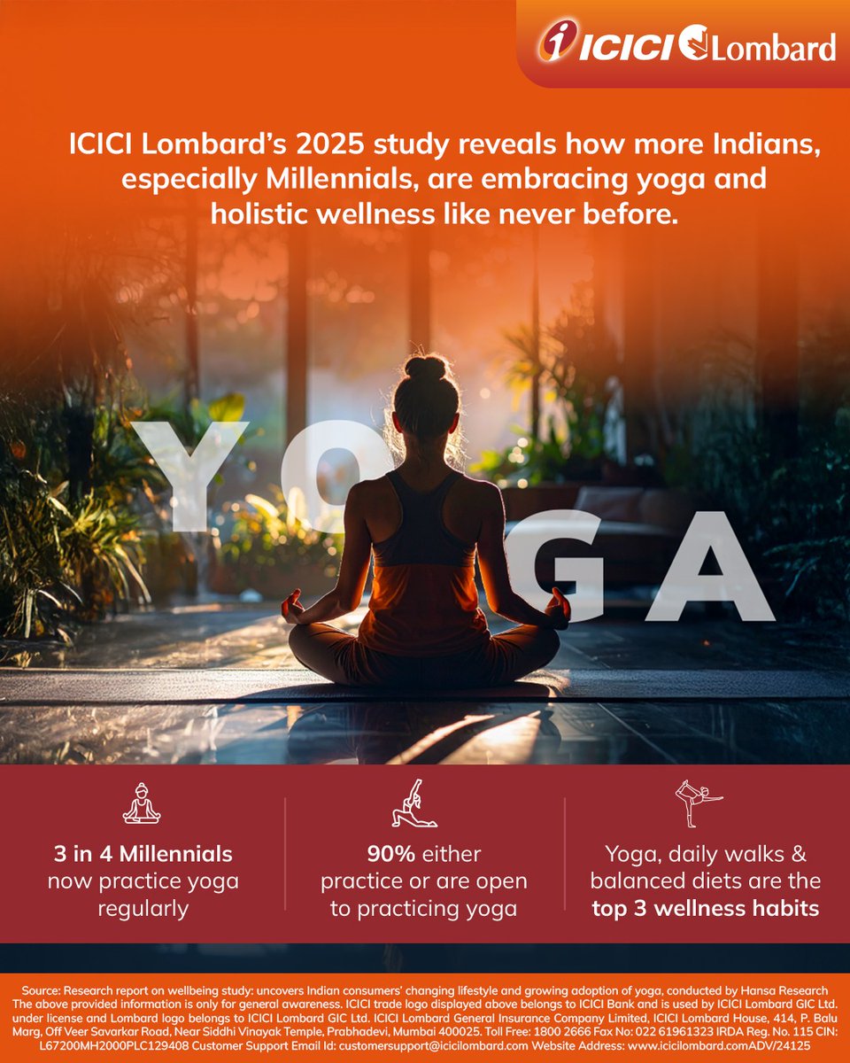 ICICI Lombard’s Wellbeing study reveals a rising wave of holistic health consciousness, led by Millennials. From daily yoga to mindful eating and walking routines, India is actively shifting towards a preventive approach to wellbeing.

Let’s continue moving forward—one breath,