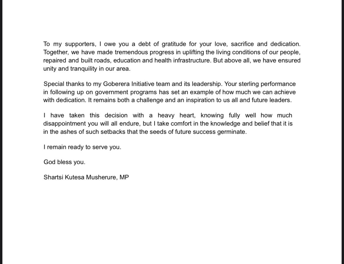 H_Ssekiwunga's tweet image. Just in 🧨
The seating Mp for Mawogola North Sharts Kuteesa Musherure has withdrawn from the Mp race and announced her withdrawal in a letter with reasons there in , this means she won’t contest in the coming general elections .
Could this be a silent pass to Sodo Kaguta ?
