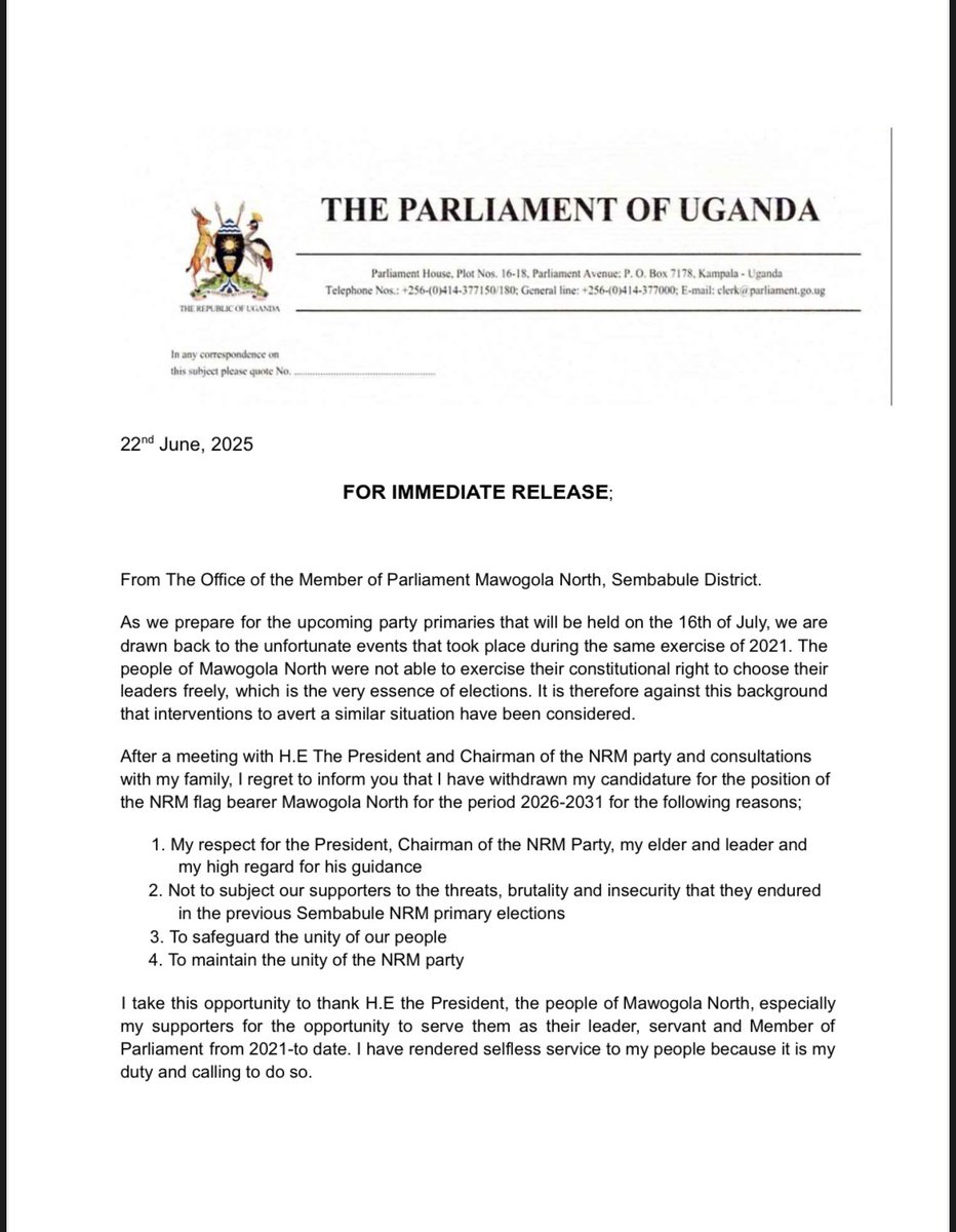 H_Ssekiwunga's tweet image. Just in 🧨
The seating Mp for Mawogola North Sharts Kuteesa Musherure has withdrawn from the Mp race and announced her withdrawal in a letter with reasons there in , this means she won’t contest in the coming general elections .
Could this be a silent pass to Sodo Kaguta ?