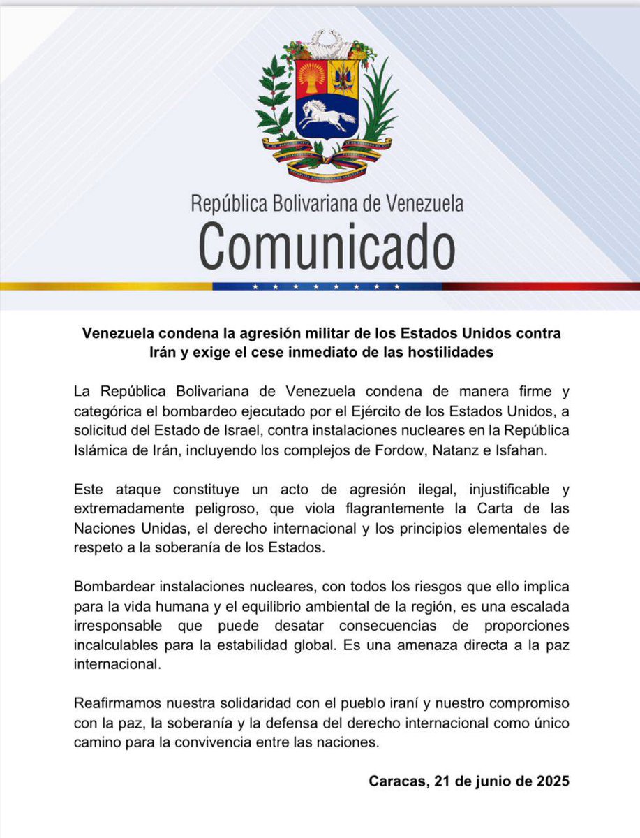 Dracarys (@fojandoacero) on Twitter photo <a href="/dpiloncita/">Rebeca Briceño</a> <a href="/ArondonFT/">Alejandro Rondón</a> <a href="/ernestojmro/">Ernesto Meléndez</a> <a href="/PromosTelesur/">Promos teleSUR</a> <a href="/madeleintlSUR/">Madelein Garcia</a> <a href="/DONKANDAVILA/">DONKAN DAVILA</a> <a href="/LaBunkeB/">Thania la Merideñita</a> <a href="/RoiLopezRivas/">Roi Lopez Rivas</a> <a href="/extranewsmundo/">Extra News Mundo</a> <a href="/RodulfoPerezVen/">Rodulfo Pérez</a> <a href="/ypimentel2021/">Yuri Pimentel</a> Venezuela repudia ataques de EE.UU. e Israel contra Irán.
#NoPodránConIrán <a href="/dpiloncita/">Rebeca Briceño</a> <a href="/ArondonFT/">Alejandro Rondón</a> <a href="/ernestojmro/">Ernesto Meléndez</a> <a href="/PromosTelesur/">Promos teleSUR</a> <a href="/madeleintlSUR/">Madelein Garcia</a> <a href="/DONKANDAVILA/">DONKAN DAVILA</a> <a href="/LaBunkeB/">Thania la Merideñita</a> <a href="/RoiLopezRivas/">Roi Lopez Rivas</a> <a href="/extranewsmundo/">Extra News Mundo</a> <a href="/RodulfoPerezVen/">Rodulfo Pérez</a> <a href="/ypimentel2021/">Yuri Pimentel</a> Venezuela repudia ataques de EE.UU. e Israel contra Irán.
#NoPodránConIrán