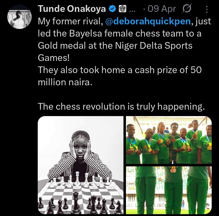 View_Bayelsa's tweet photo. Let us talk about Coach @BKigigha (4 time National Champion) and the extraordinary work he is doing with his @C4_academy which has produced National chess champions (at both junior and senior levels) and serial medalists 

What a coach!!! 

Mbana 🙌

Thank you @BKigigha!! https://t.co/l5uKilFFC2