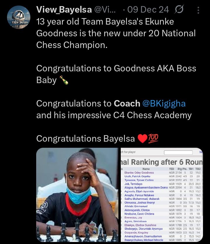 Let us talk about Coach <a href="/BKigigha/">FM BOMO KIGIGHA</a> (4 time National Champion) and the extraordinary work he is doing with his <a href="/C4_academy/">C4 chess Academy</a> which has produced National chess champions (at both junior and senior levels) and serial medalists 

What a coach!!! 

Mbana 🙌

Thank you <a href="/BKigigha/">FM BOMO KIGIGHA</a>!!