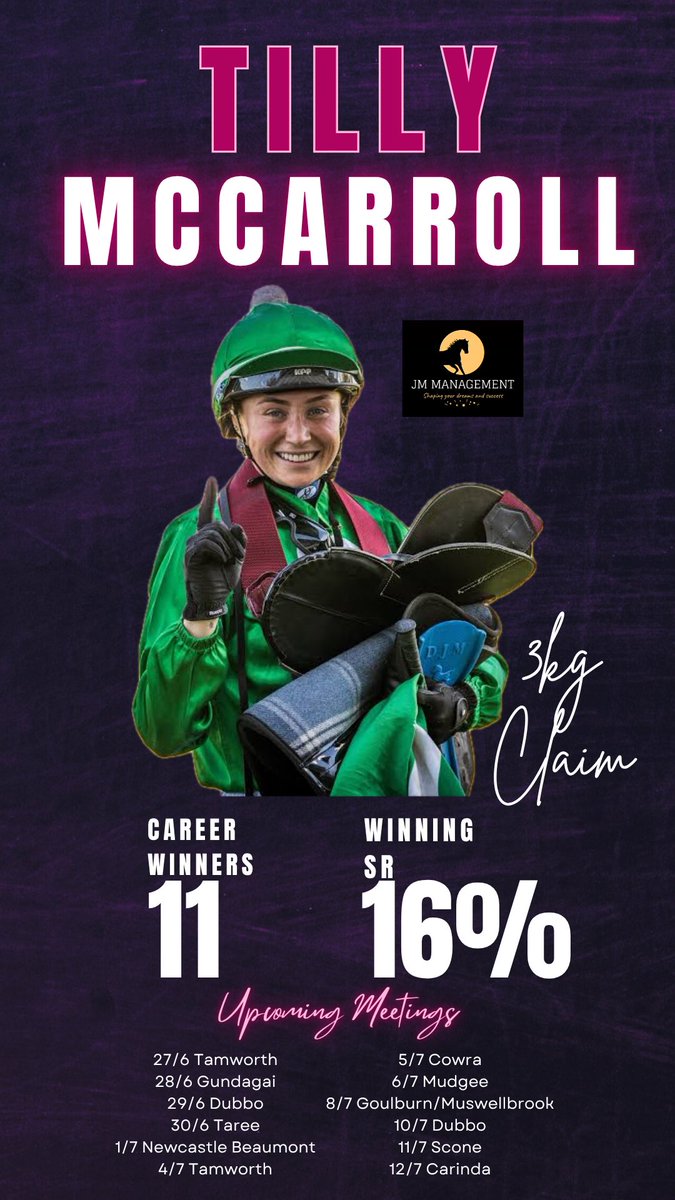 Tilly has started her career in top form, making her a great option for trainers looking for a weight advantage with her 3kg claim. 

<a href="/tillymccarroll/">Tilly McCarroll</a>