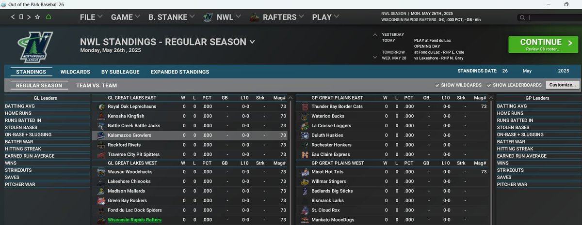 My next <a href="/ootpbaseball/">Out of the Park Baseball</a> project is a season play-through of the <a href="/NWLbaseball/">Northwoods League Baseball</a>. I loaded in all the league settings, all the teams, their logos and colors. Still working on the players, but ready to go. I will buy a hat of the winning team. Not gonna lie, hope its the <a href="/DockSpiders/">Fond du Lac Dock Spiders</a>!