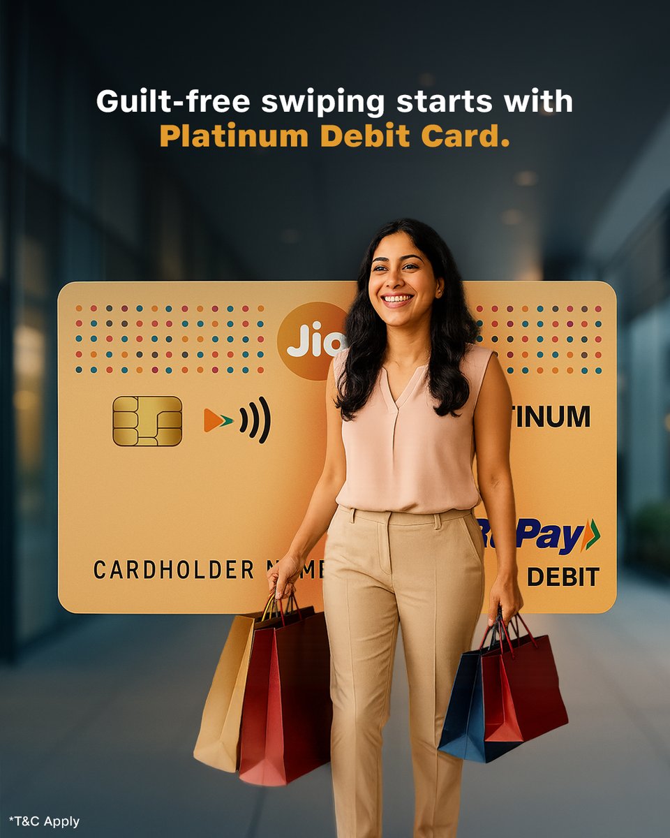 JioFinance1's tweet photo. Swipe smart. Stress less. Unlock premium perks and peace of mind every time you pay with the Jio Platinum Debit Card your key to effortless savings and smarter spending. 

#JioFinance #SmartMoney #DebitCardPerks #JioFinanceApp #EverydayRewards #FinancialFreedom #DigitalIndia https://t.co/yBlVKjgp0A