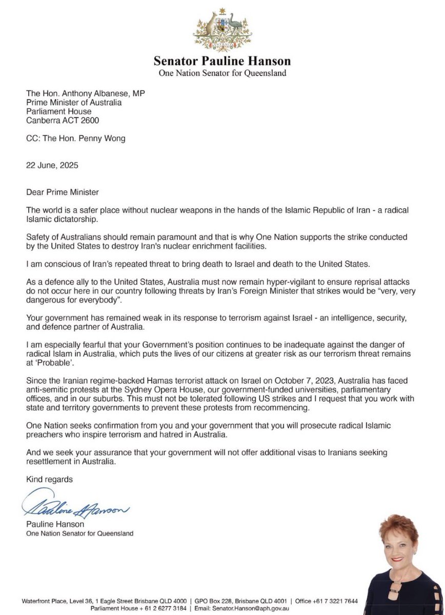 🔥 Pauline Hanson has written to the Prime Minister. 

I fully support this part of the letter &amp; I’m sure the majority of common sense Aussies do to. 

“I am especially fearful that your Government's position continues to be inadequate against the danger of radical Islam in