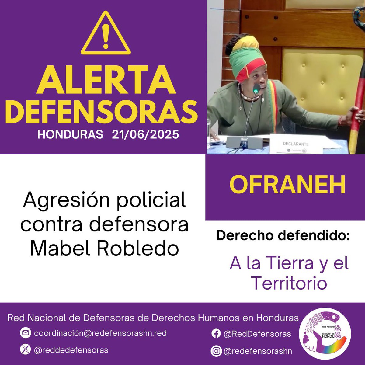 #AlertaDefensoras Este sábado 21 de junio, Mabel envió un audio de extrema urgencia a la OFRANEH: 
"Soy Mabel Robledo, estoy detenida, la policía me pegó, me disparó, y me golpearon en la cara"

Alerta en instagram.com/p/DLMQ-5Gtcrr/…