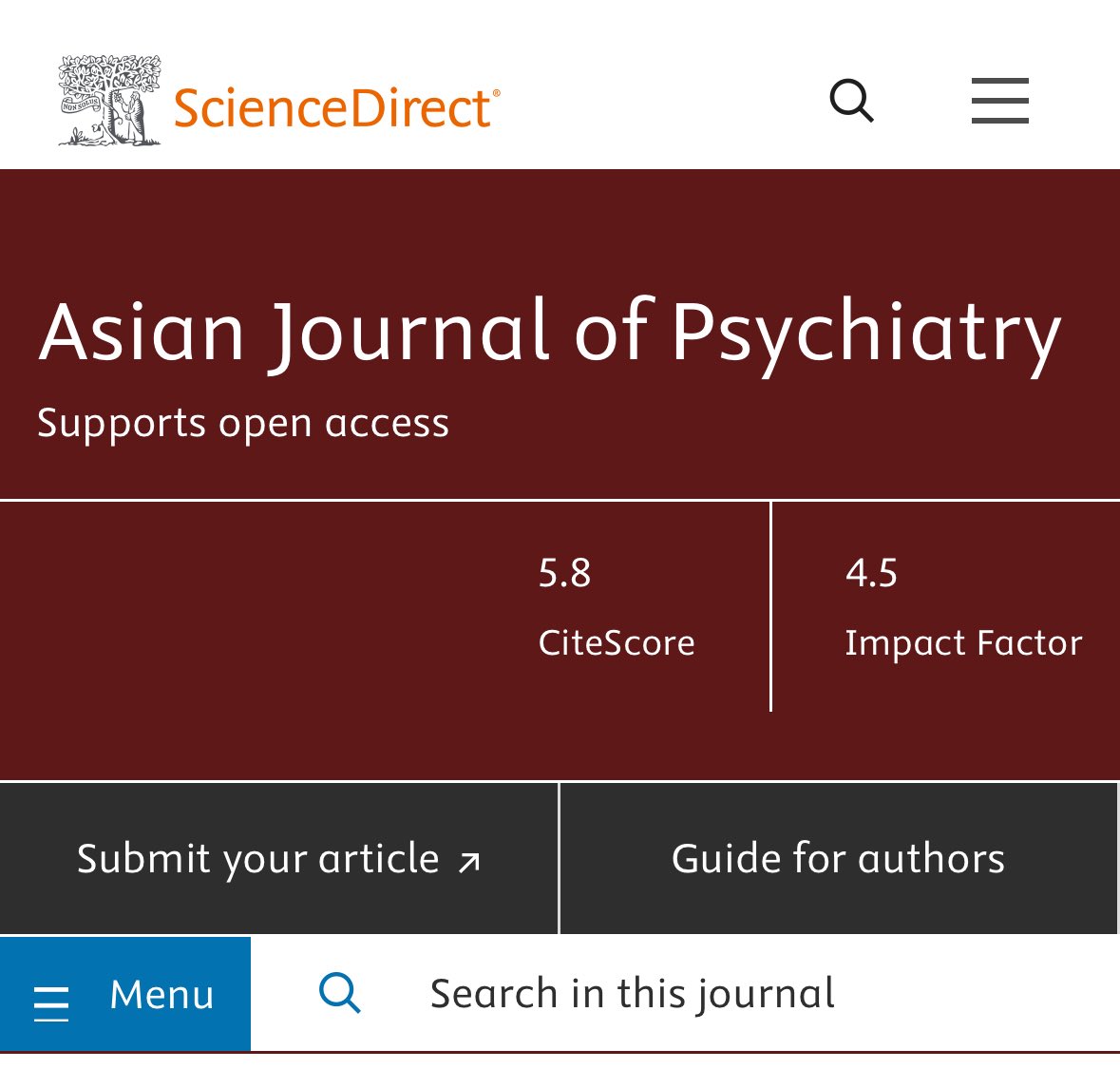 The Asian Journal of Psychiatry reaches a new Impact Factor of 4.5!! 
Explore our latest issue featuring cutting-edge research from across the region: sciencedirect.com/journal/asian-…
#ImpactFactor #Psychiatry #MentalHealth #AcademicPublishing #AsianJournalOfPsychiatry