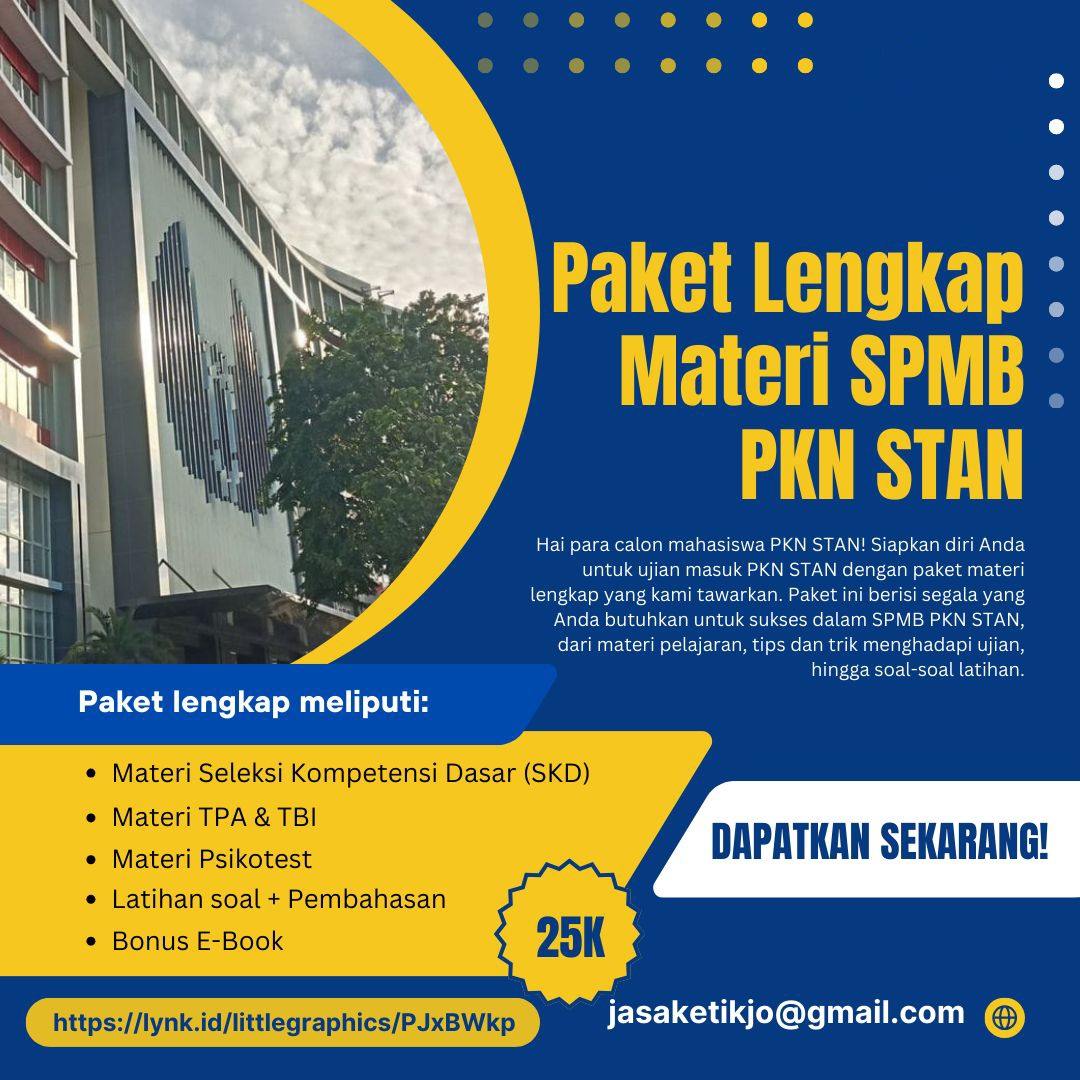 Paket lengkap materi SPMB PKN STAN 
📚Materi SKD(TKP, TWK, TIU)
📚Materi TPA &amp; TBI
📚Latihan soal + Pembahasan
📚E-Book

lynk.id/littlegraphics…