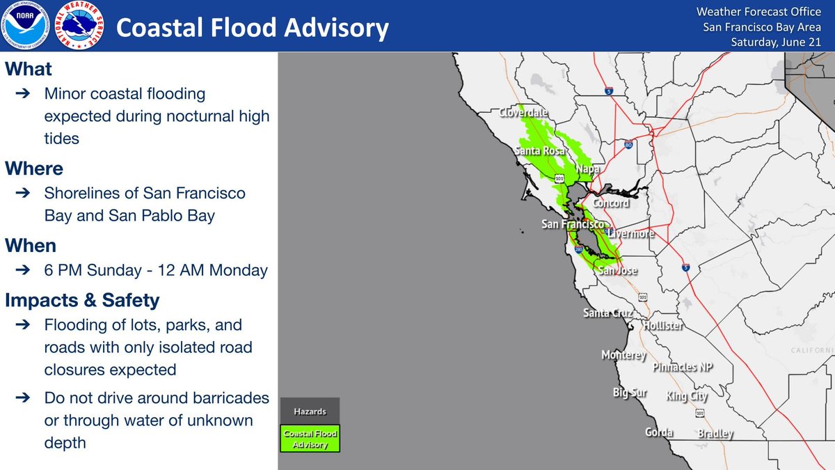 A Coastal Flood Advisory is in effect from 6 PM Sunday to 12 AM Monday for the shorelines of San Francisco Bay and San Pablo Bay. Target areas are Bayside Marin County at the Manzanita Park N Ride. Do not drive around barricades or through water of unknown depth! #CAwx
