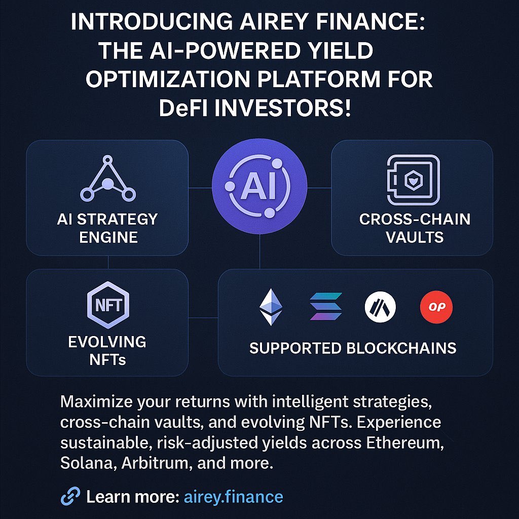 Zain_Onchain's tweet photo. Hello Web3 Legends,

The next evolution of AI x Real Yield is almost here. Introducing @AIREYLabs an AI-powered real yield protocol designed for Ethereum, Solana, and major L2 ecosystems.

Pre-Seed is live with 15% discount now. Get 20% total bonus + your friend gets 5% bonus.

Current Price: 0.01$ per $AIREY
Total supply: 1000000000 $AIREY 

🔹 Cross-chain yield vaults
🔹 Dynamic NFT integration
🔹 Custom-built smart contracts
🔹 Sustainable revenue, no ponzinomics
🔹 Lifetime perks for early supporters

Be part of the future of AI-driven DeFi.

👉 Join now: https://t.co/OdOx2xpgHj

#AIREY #DeFi #AI #CryptoYield