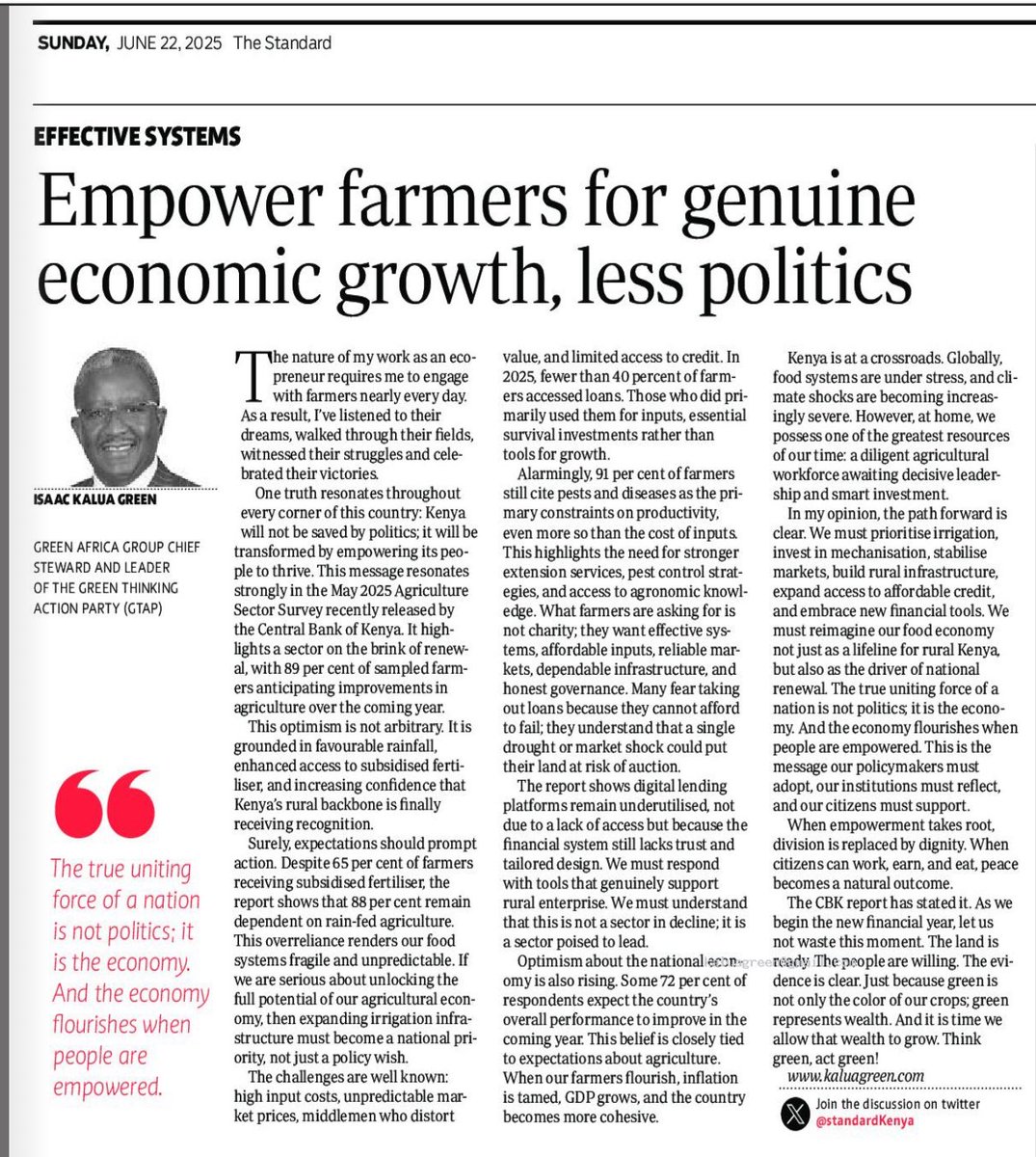 Kenya will not be saved by politics, but by empowering its people to thrive. When our farmers flourish, inflation is tamed, GDP grows, and peace becomes a national outcome. #ThinkGreenActGreen <a href="/CBKKenya/">Central Bank of Kenya</a>