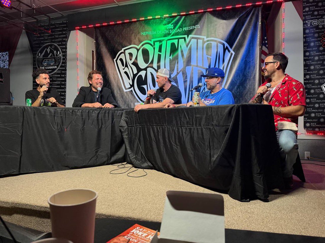 OwenBenjamin's tweet photo. Such a special evening. Touring is so good for connecting to people and having that real life interaction. I met so many amazing people.
I’ve done two sets in 6 years and they were both recorded as specials so I was a bit rusty. But it felt so natural and awesome to be back up there. 
We were all doing a live podcast when word came to the stage about the bombing. It looked exactly like the famous bush photo being told about 9/11. Everyone immediately made it funny in an authentic way and we all kept crushing.
The guys behind the scene leveled up by following through on an adventure we couldn’t control. That’s the real gravy. When you just do your best and let the real plan happen. It’s always the greatest.

I saw a bunch of guys tonight that were stressed and disoriented by the forces that emerge when you start making your own thing. I saw guys that had to adapt quickly at the realization that when you’re making your own path, it has a life of its own. And those guys followed thru and rolled with the waves and the surprises and they made it out the other side. And that’s what faith is. Letting go and just being grateful. 
It was a pleasure fellas. I also watched a toad sing like a prince with the people chanting his name. 
Onward to the next adventure boys!
@TopLobsta @DavidLCorbo @ShaneCashman @LearnToToad @ShieldsClips