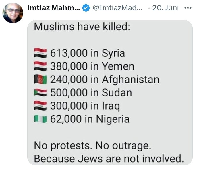 Zur Erinnerung:

Fanatische Muslime und Islamisten, dazu gehört auch das Mullah-Regime im #Iran, haben millionen Menschen gefoltert und getötet! Gab es jemals wirklich Proteste und Demos dagegen? Wo sind die linken Gutmenschen, wenn es darauf ankommt, ein Zeichen zu setzen?