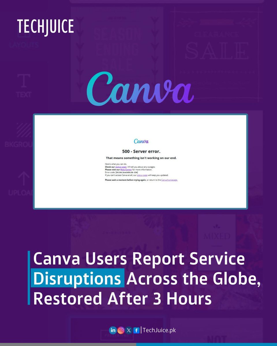 TechJuicePk's tweet image. Canva Faces Temporary Global Outage, Now Fully Restored.
On June 21, 2025, users worldwide reported difficulties accessing Canva, with issues peaking around 3:39 PM PKT.
#Canva #OutageAlert #ServerIssues #CanvaDown #TechUpdate