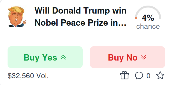 Joltify_Finance | First RWA L1 Chain (@joltify_finance) on Twitter photo Did #Trump Just Bomb His Own Nobel Peace Prize Chances? <a href="/Predict_one/">PredictOne</a>
predict.one/event/trump_no… Did #Trump Just Bomb His Own Nobel Peace Prize Chances? <a href="/Predict_one/">PredictOne</a>
predict.one/event/trump_no…