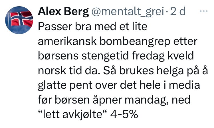 Javel. Så vanskelig var dette å spå. 
Vært positiv til Trump lenge. Men å være Israels hore er ikke Maga i mine øyne.
Men, da skal vel alt være på stell da? Iran kan ikke “ikke lage atomvåpen“ lengre, så Israel (som startet) kan avslutte..!? Skjer ikke, never ever. 

Neste