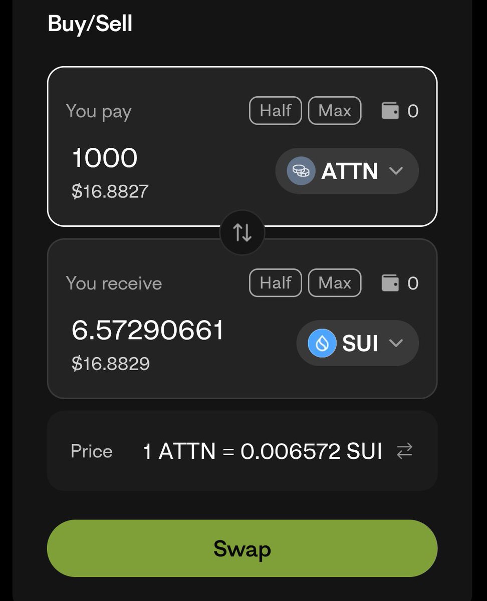 GM, crypto squad! 🌟 Saw this swap: 1000 ATTN ($16.88) gets you 6.57290661 SUI ($16.88) at 1 ATTN = 0.006572 SUI. Shoutout to 
<a href="/attntoken/">Attention 👁️</a>
! #ATTN #SUI #CryptoVibes