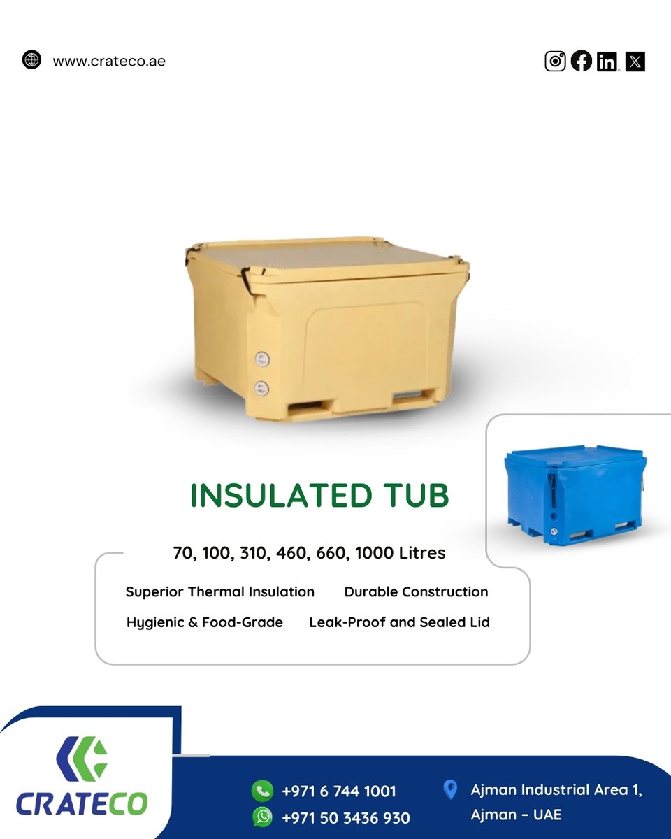 CratecoPack's tweet photo. Keep It Cool. Keep It Clean.
.
Crateco’s Insulated Tubs ensure top thermal protection &amp; hygiene for food storage and cold chain logistics.
.
https://t.co/3X9A6lO0cK

Available in 70–1000 Liters 
📞 +971 6 744 1001
📍 Ajman – UAE
.
#insulatedtubing #crateco https://t.co/dAl4vLD1Q2