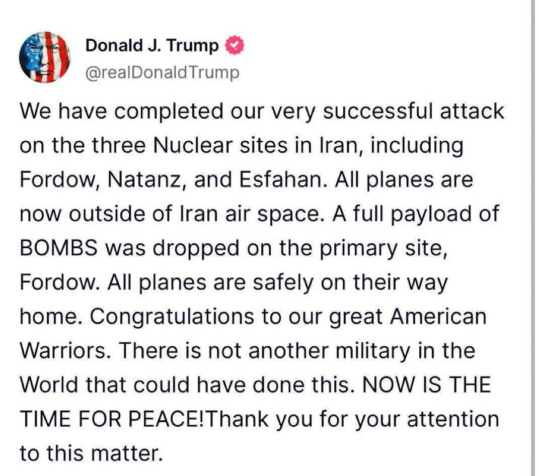 Een president die nooit een oorlog zal starten .. 
Kan een oorlog elders in 24 uur oplossen .. 
Vuurt nu 3 bommen af in #Iran .. en feliciteert zichzelf met vrede 😳

#Trump kan dat ..