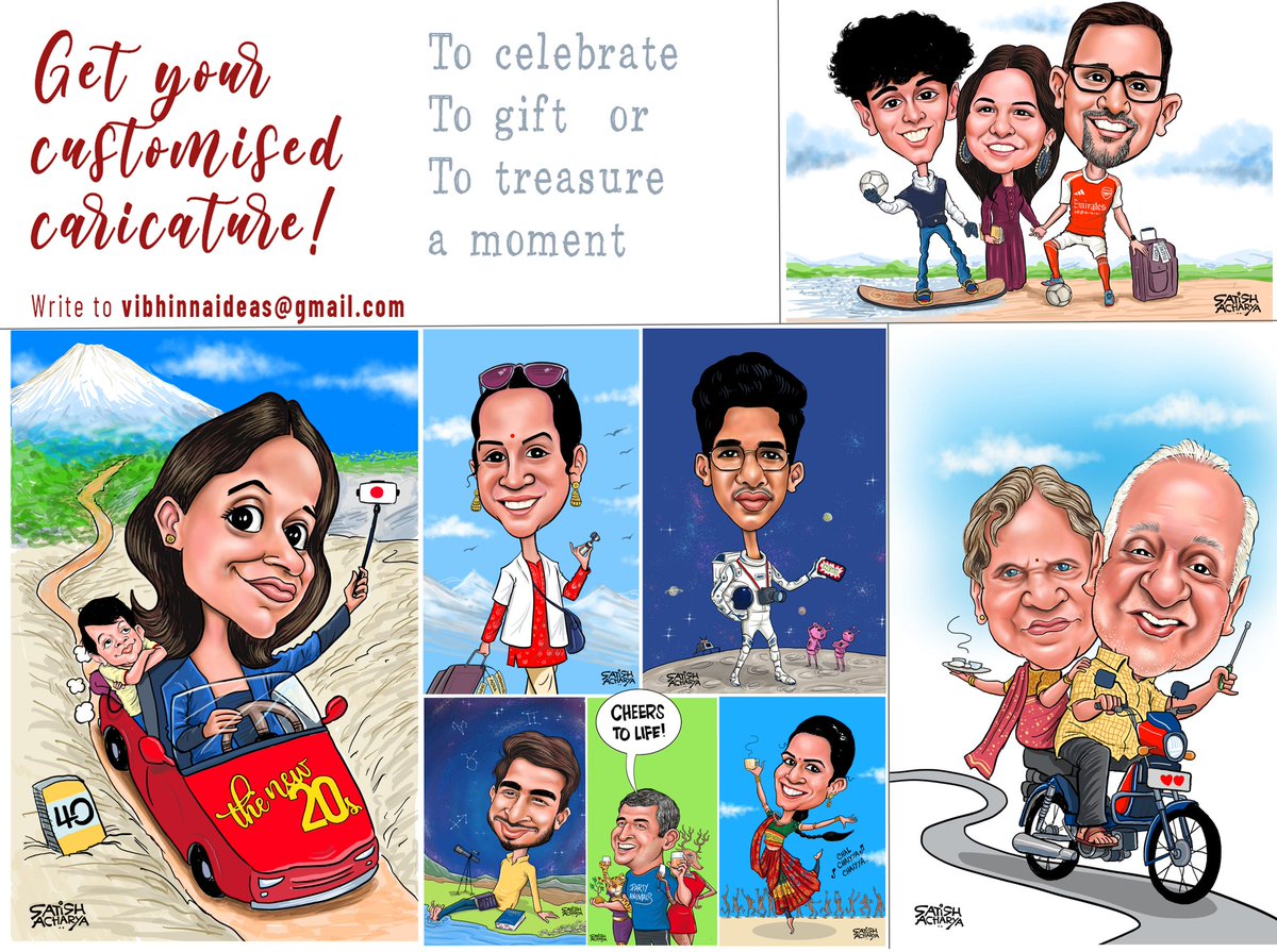 satishacharya's tweet image. Open to take commissioned caricature orders for the month of July. Caricature is a great gift option for birthdays, anniversaries, send-offs or just tributes. A gift for a lifetime!
Send your enquiries to vibhinnaideas at gmail dot com. Please share with friends. 😍