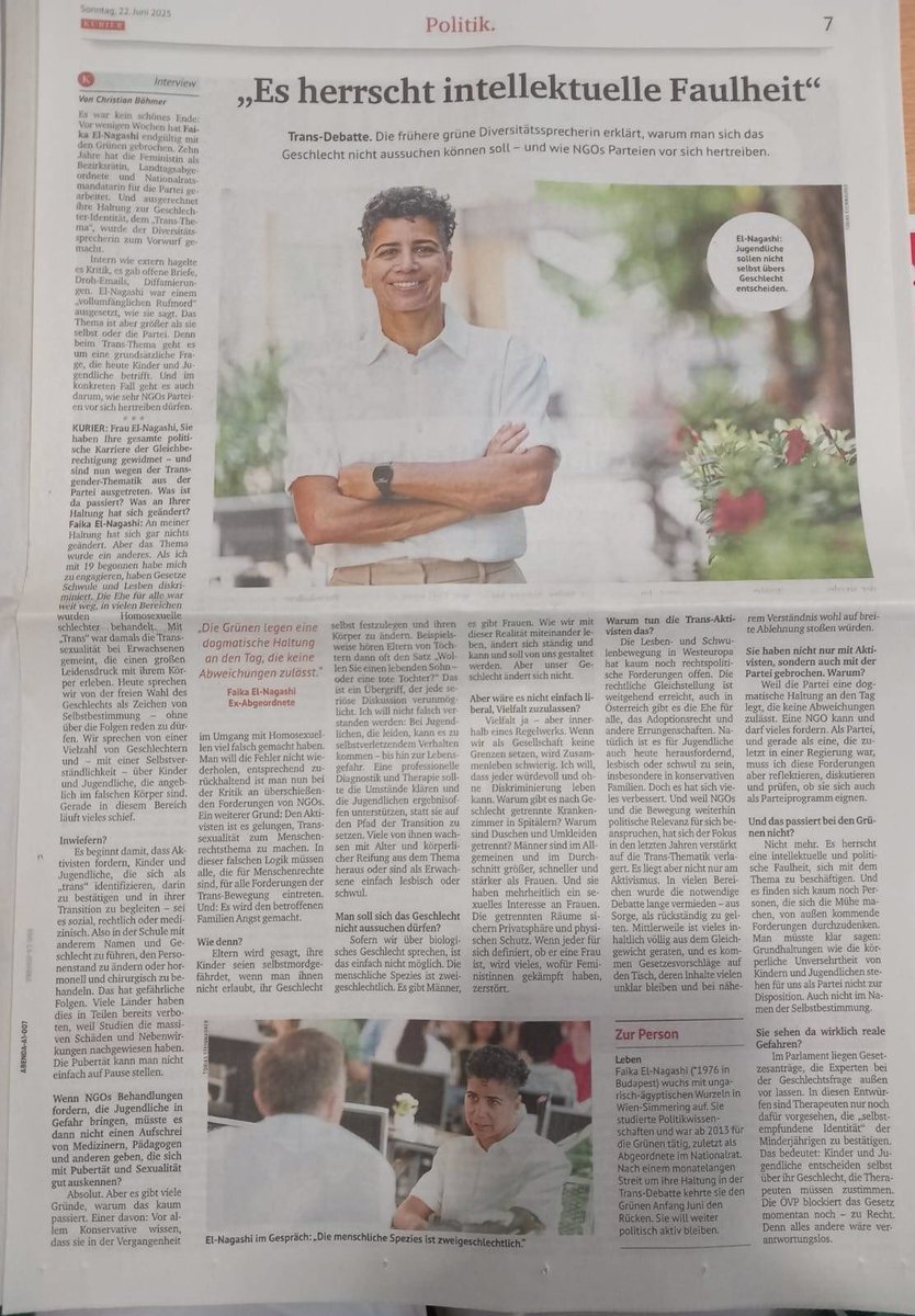 Ich habe mit <a href="/KURIERat/">KURIER</a> über die Transition bei Jugendlichen gesprochen und darüber, was passiert, wenn aktivistische Forderungen zum Parteiprogramm werden.

Link ⬇️