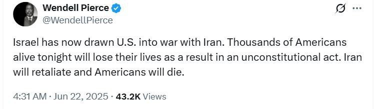 BPartisans's tweet image. Maintenant, des milliers d’Américains vont mourir !

Wendell Pierce, célèbre acteur américain :
Israël a entraîné les États-Unis dans une guerre contre l'Iran. Des milliers d'Américains encore en vie aujourd'hui mourront des suites de cette action inconstitutionnelle. L'Iran…