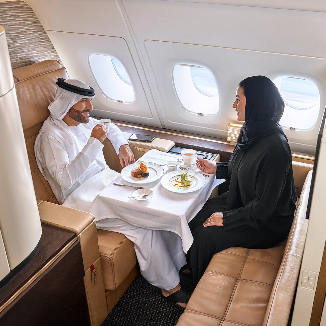 etihad's tweet photo. Proud to be named Best First Class Onboard Catering in the Middle East at the Skytrax World Airline Awards 2025 🏆 #Etihad #BeyondBorders https://t.co/2cSuQn42Nr