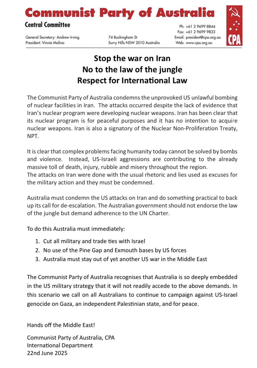 communist_au's tweet image. The Communist Party of Australia condemns the unprovoked US unlawful bombing of nuclear facilities in Iran. Hands off the Middle East!