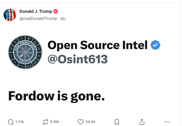 What a time to be alive. The president of the United States doing battle damage assessment via sketchy OSINT accounts. I had blocked this particular account some time ago.