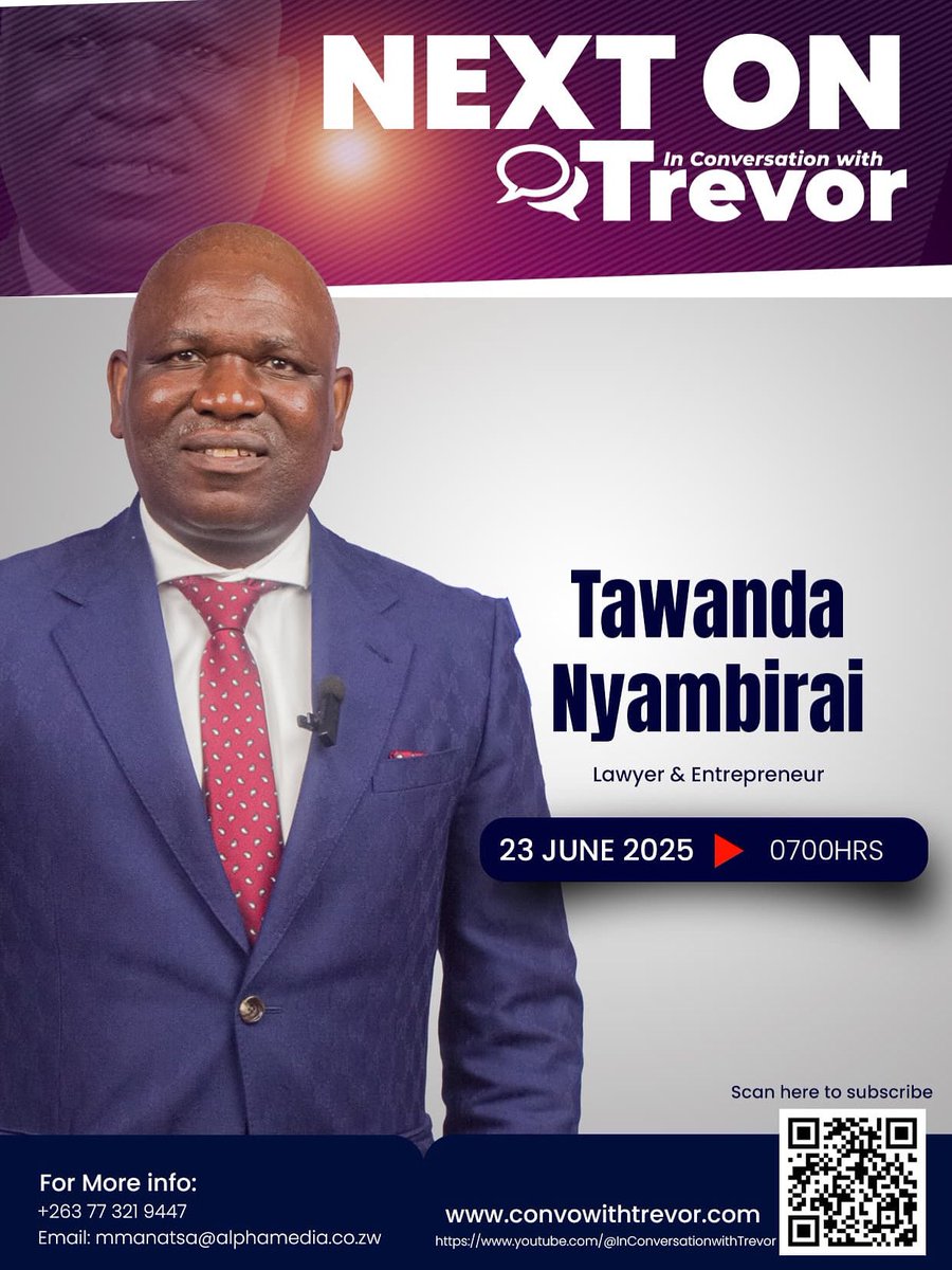Trevor Ncube (@trevorncube) on Twitter photo The next <a href="/ConvoWithTrevor/">In Conversation with Trevor</a> guest is <a href="/tawandan1/">Tawanda Nyambirai</a> , lawyer and entrepreneur. An astute lawyer, investor and manager Tawanda has built an impressive portfolio of businesses. Subscribe to YouTube.com//InConversatio… for this compelling conversation. #icwt25 . The next <a href="/ConvoWithTrevor/">In Conversation with Trevor</a> guest is <a href="/tawandan1/">Tawanda Nyambirai</a> , lawyer and entrepreneur. An astute lawyer, investor and manager Tawanda has built an impressive portfolio of businesses. Subscribe to YouTube.com//InConversatio… for this compelling conversation. #icwt25 .