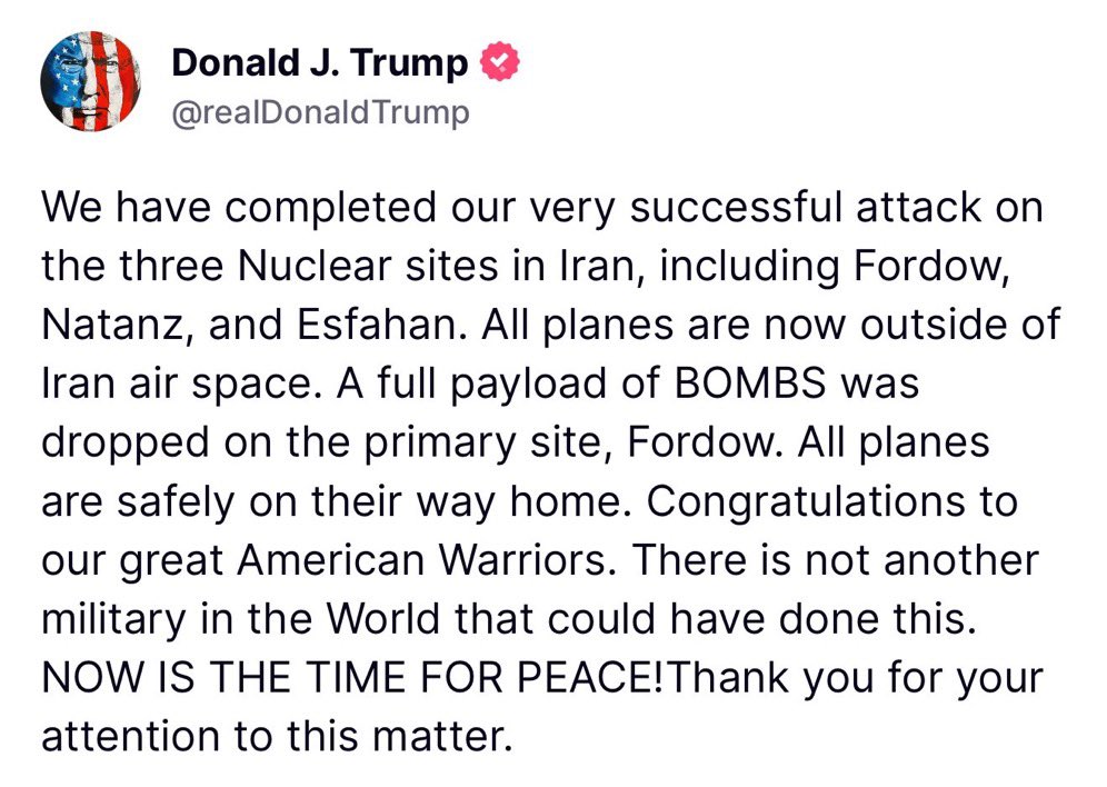 Dropping the world’s biggest non-nuclear bombs on Iran three times and then preaching about “peace” is the height of hypocrisy. 

Trump didn’t bring peace - he brought war.
#Iran #IranIsraelConflict #IranVsIsrael #IsraeliranWar #Trump #TrumpIsWarCriminal #Khamenei #Tehran #امریکہ