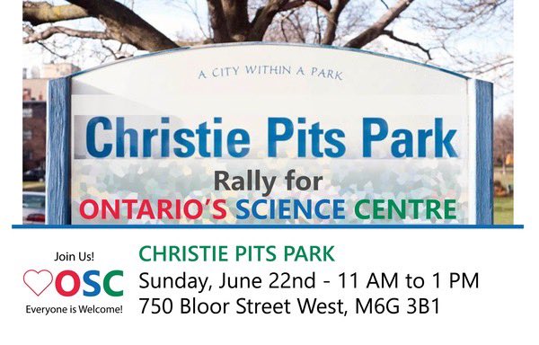 Happening Today at 11 AM!

It's been one-year since Doug Ford's fake news that the OSC's roof was falling.

Join Save OSC at Christie Pits Park in #Toronto to rally against the closure of our made in Canada, world famous Ontario Science Centre.