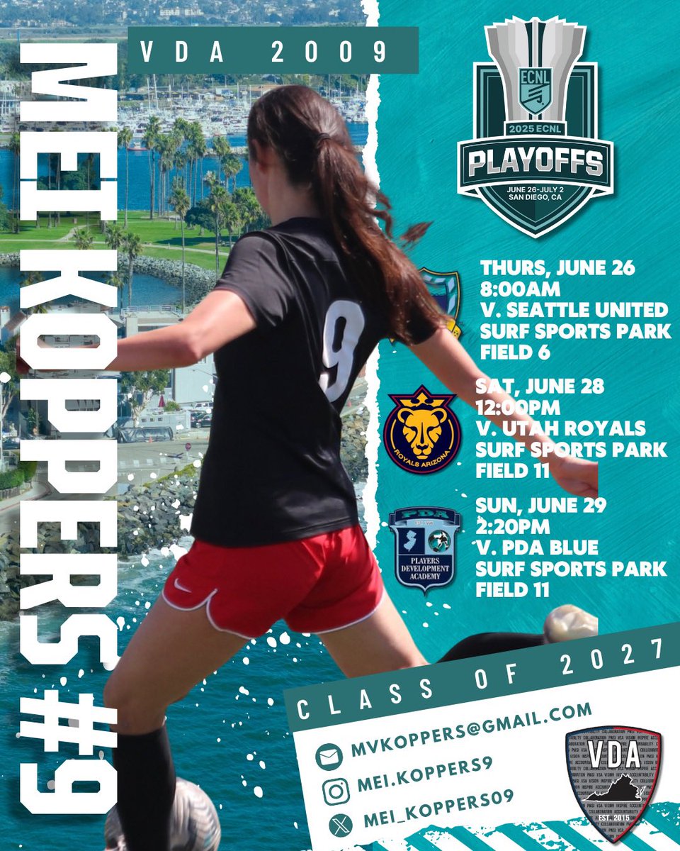 Mei Koppers (@mei_koppers09) on Twitter photo Excited to compete at the <a href="/ECNLgirls/">ECNL Girls</a> National Playoffs in San Diego!
Let’s go <a href="/vda09ECNL/">VDA09ECNL</a>!
<a href="/bobbypup/">Bobby Puppione</a> <a href="/vdasoccer/">Virginia DevAcademy</a> <a href="/TopDrawerSoccer/">TopDrawerSoccer</a> <a href="/PrepSoccer/">Prep Soccer ⚽️</a> <a href="/TheSoccerWire/">SoccerWire</a> <a href="/ImYouthSoccer/">ECNL/GA/Recruiting/College Soccer</a> Excited to compete at the <a href="/ECNLgirls/">ECNL Girls</a> National Playoffs in San Diego!
Let’s go <a href="/vda09ECNL/">VDA09ECNL</a>!
<a href="/bobbypup/">Bobby Puppione</a> <a href="/vdasoccer/">Virginia DevAcademy</a> <a href="/TopDrawerSoccer/">TopDrawerSoccer</a> <a href="/PrepSoccer/">Prep Soccer ⚽️</a> <a href="/TheSoccerWire/">SoccerWire</a> <a href="/ImYouthSoccer/">ECNL/GA/Recruiting/College Soccer</a>