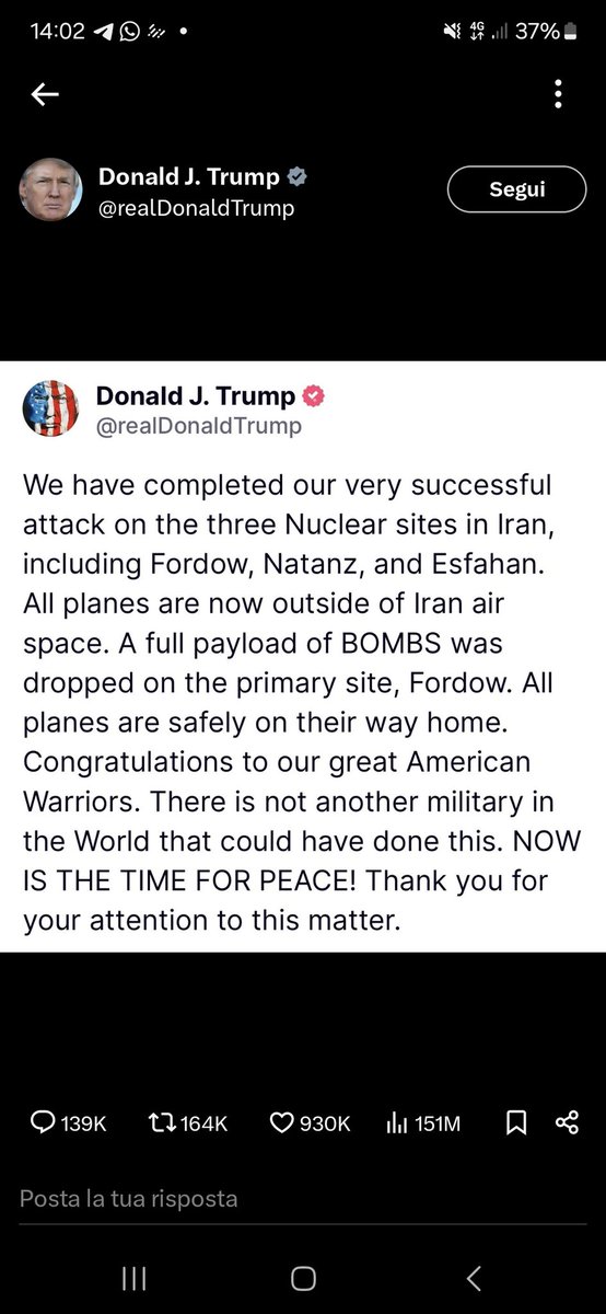 Complimenti al "pacifista" <a href="/realDonaldTrump/">Donald J. Trump</a> e a quanti hanno salutato la sua elezione come foriera di pace. #Tehran #war #atomica