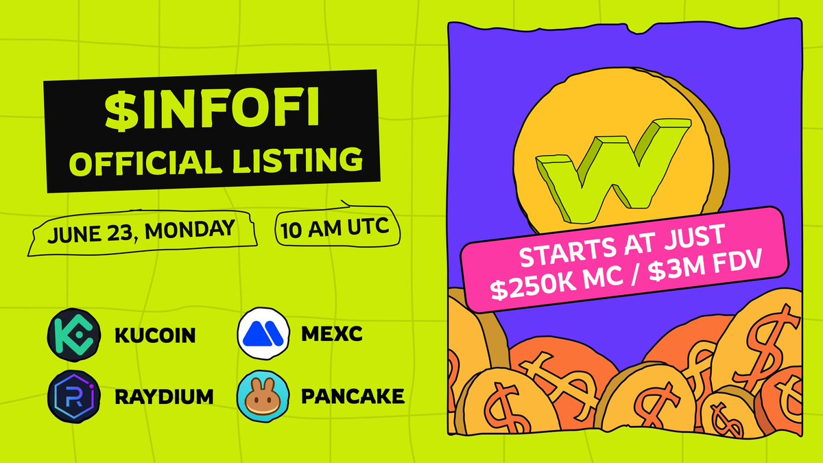 B_Versee's tweet photo. $INFOFI Goes Live tomorrow โ
๐ Date: June 23, 11:00 AM WAT
๐ Pair: INFOFI/USDT
โ๏ธ Network: Solana (SPL)
๐ฒInitial Market Cap: $250,000
๐ FDV at Launch: $3M
๐งฎ CA: 2RHWryP5nYjVo747tMe67DdE7i95LmPRRBV1PooF9nGg
LISTING โคต๏ธ @kucoincom, @MEXC_Official, #RaydiumProtocol, #PancakeSwap