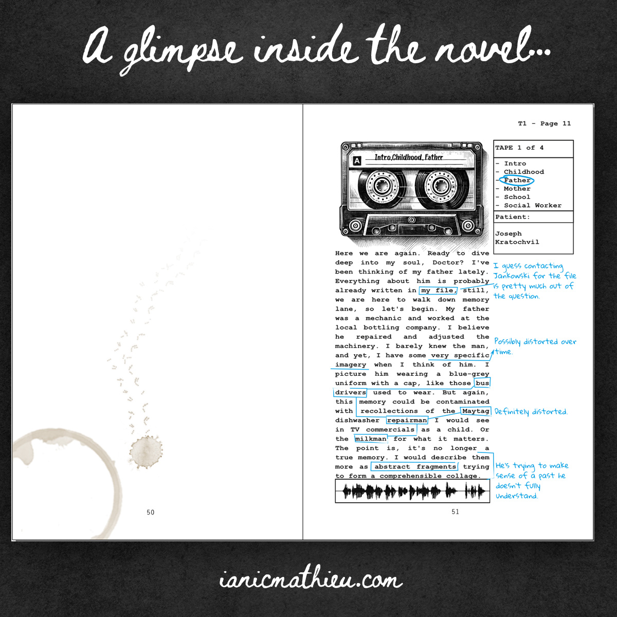 IanicWriter's tweet image. Many pages in the book feature audio transcriptions and annotations by Dr. Novak, the main protagonist.