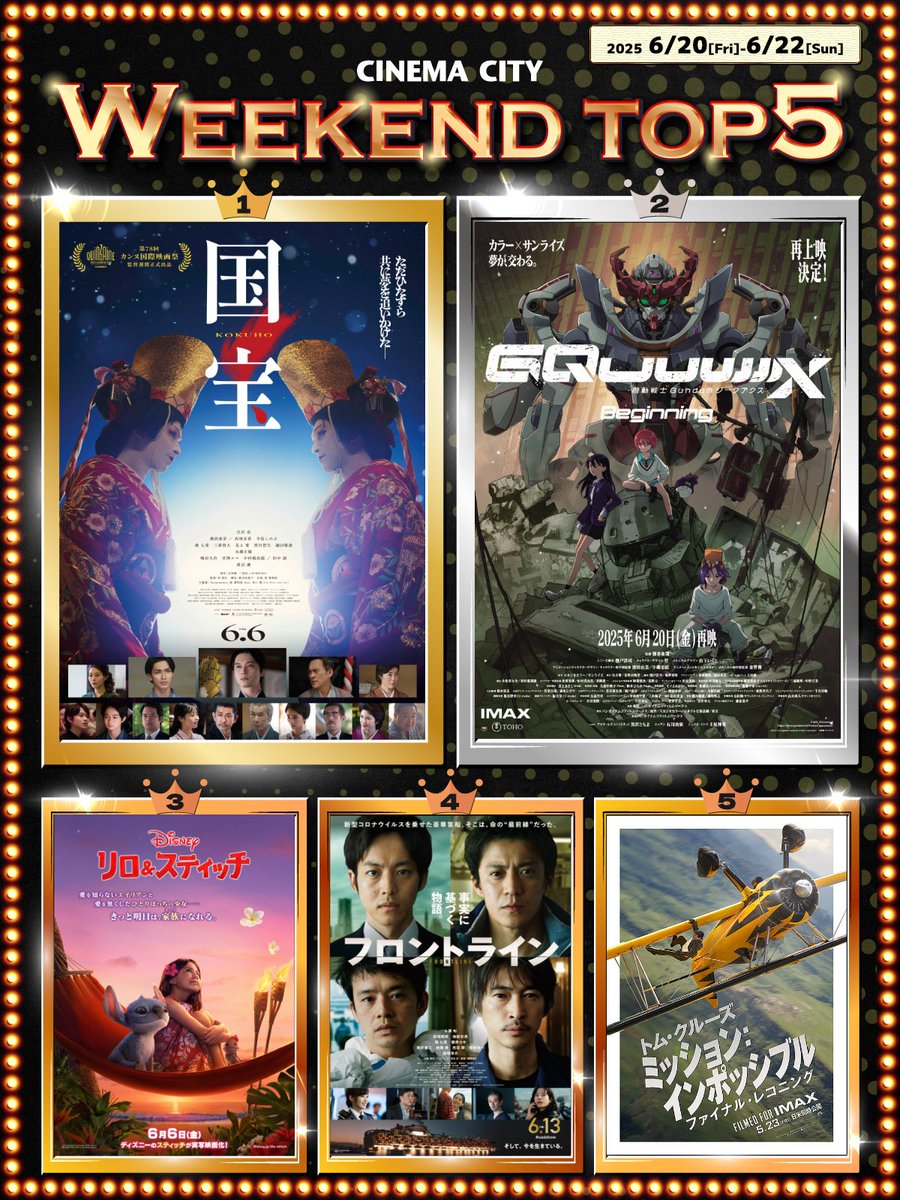 シネマシティ 週末動員ランキング
2025年6月20日(金)〜6月22日(日) 

1位『国宝』→ 
2位『機動戦士Gundam GQuuuuuuX -Beginning-』NEW
3位『リロ＆スティッチ』→
4位『フロントライン』↓
5位『ミッション：インポッシブル ファイナル・レコニング』↓