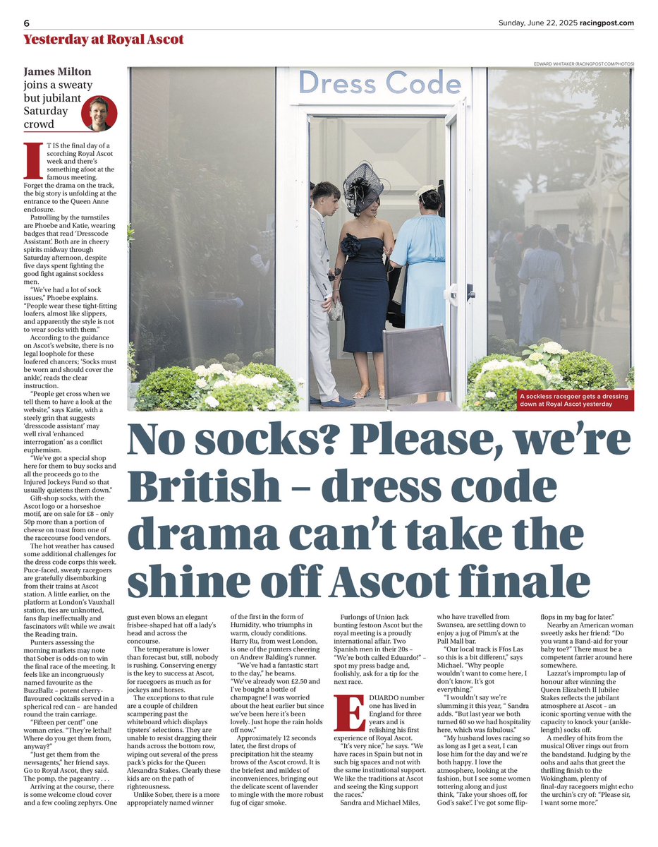 RileyGrannan's tweet image. Day after end of Royal Ascot gives us stories in @RacingPost that you will never see in US - one on Dress Code controversies at a racetrack and the other on a trainer criticizing jockey Flavien Prat.