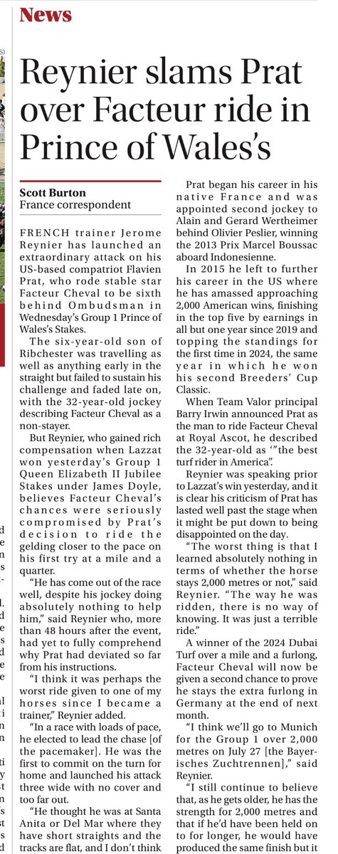 RileyGrannan's tweet image. Day after end of Royal Ascot gives us stories in @RacingPost that you will never see in US - one on Dress Code controversies at a racetrack and the other on a trainer criticizing jockey Flavien Prat.