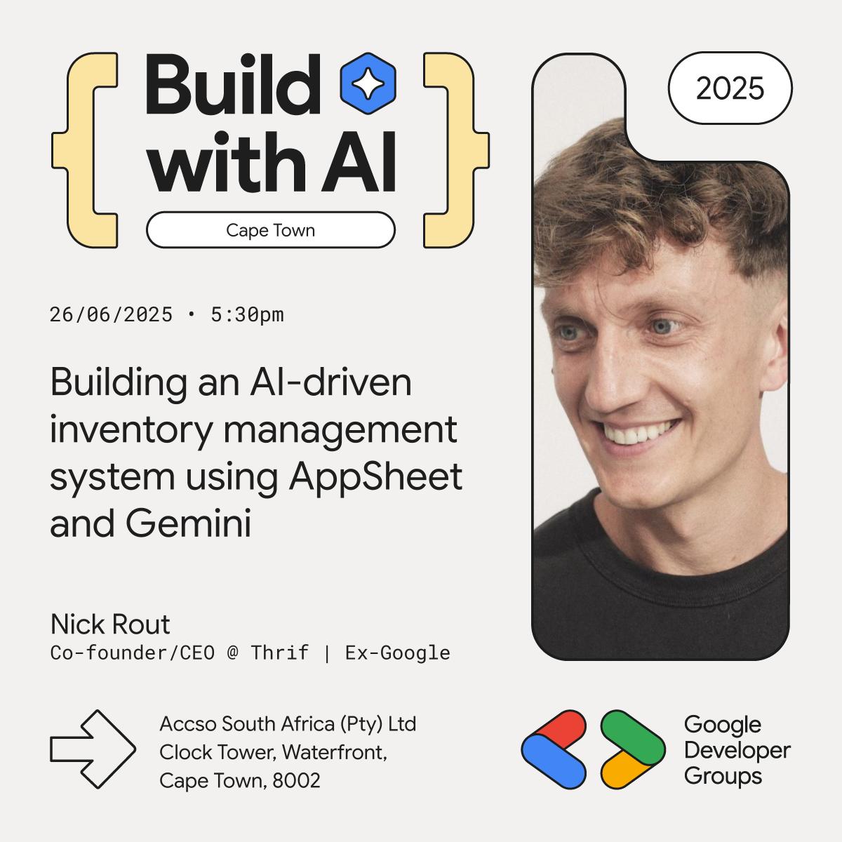 🚀 #BWAI continues with <a href="/ricknout/">Nick Rout</a> Nick Rout (Thrif Co‑founder/CEO) shows how to build an AI‑powered inventory system with #AppSheet, #AppsScript &amp; #Gemini

🗓 26 June 2025 
🕒 17:30 SAST
👉 RSVP: gdg.community.dev/e/mp8nr2/
🎁 1-year <a href="/jetbrains/">JetBrains</a> IDE subscription up for grabs