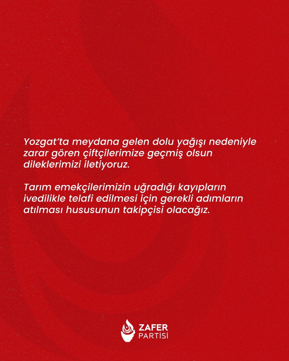 Yozgat’ta meydana gelen dolu yağışı nedeniyle zarar gören çiftçilerimize geçmiş olsun dileklerimizi iletiyoruz.

Tarım emekçilerimizin uğradığı kayıpların ivedilikle telafi edilmesi için gerekli adımların atılması hususunun takipçisi olacağız.