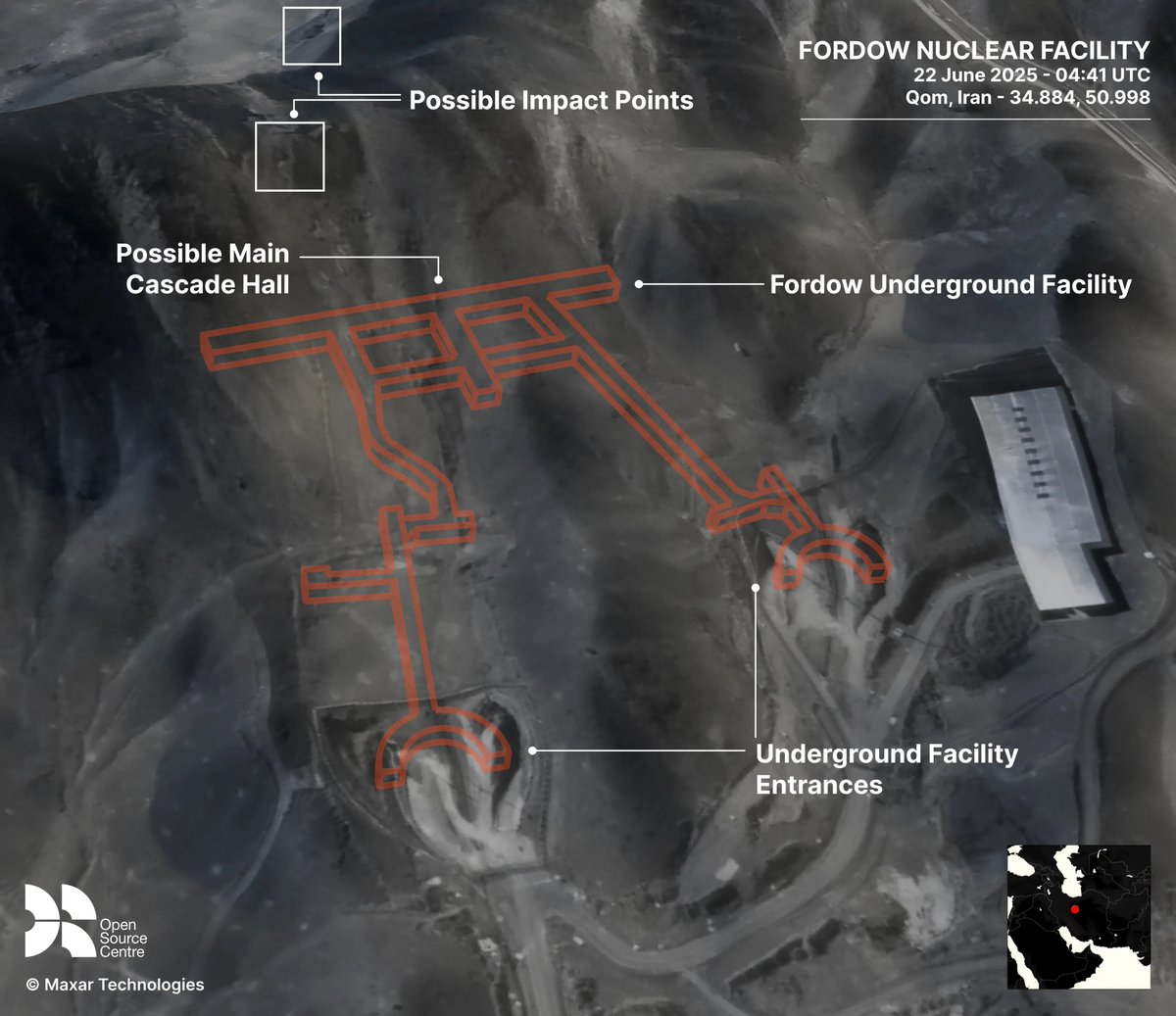 The Open Source Centre created a topographical and 3D model of the facility, layering imagery from 22 June 2025. Using this, we can see where the strikes hit the Fordow facility, likely targeting the cascade hall buried underneath the GBU-57A/B MOP entry points.